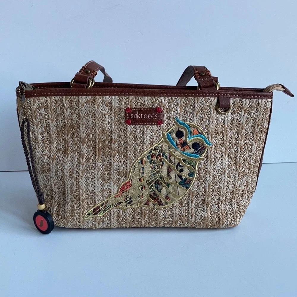 Sakroots small straw owl satchel handbag purse
